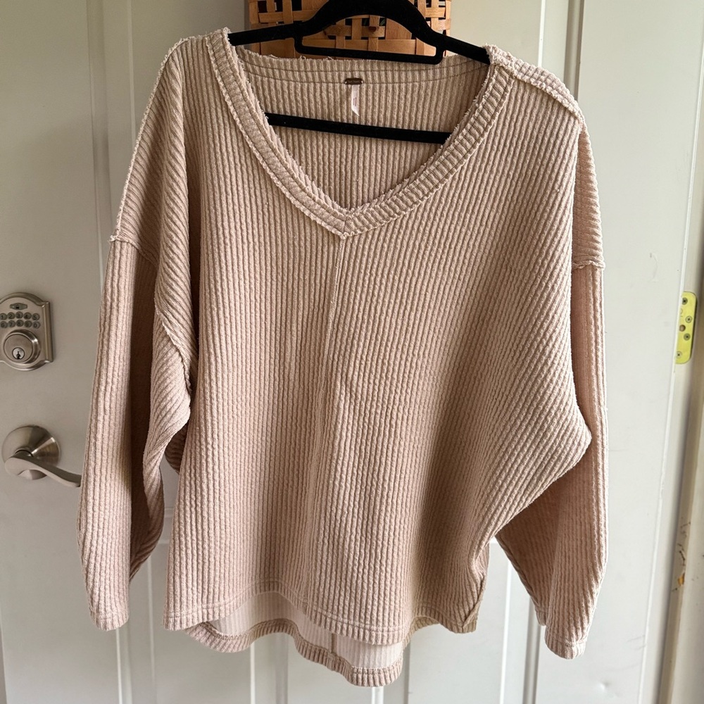 Free People Cream V-Neck Sweater with Ribbed Texture